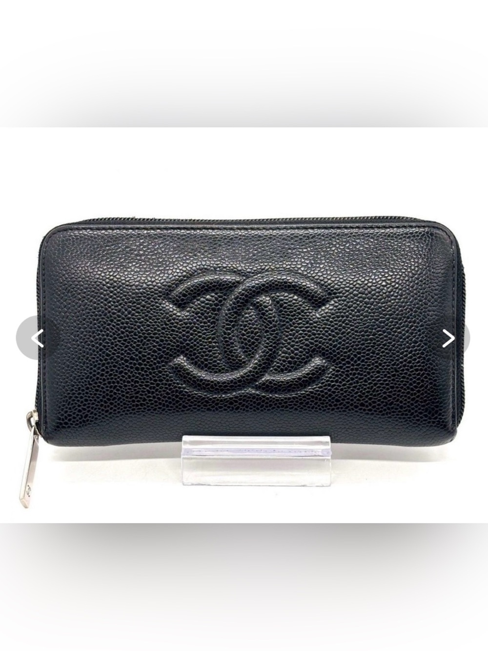 Authentic CHANEL Black Caviar Leather Zip-Around Wallet with Embossed CC